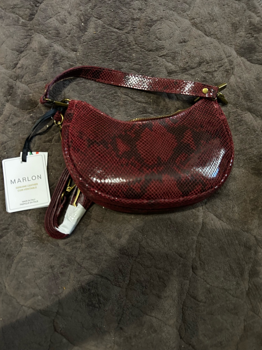Red Snake-Texture Shoulder Bag - [Marlon ] genuine leather - Picture 3 of 7